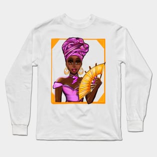 Queen Black is beautiful Anime Manga black girl with fan, Purple headdress, necklace, earrings, gold dress and head wrap, brown eyes and dark brown skin ! Long Sleeve T-Shirt